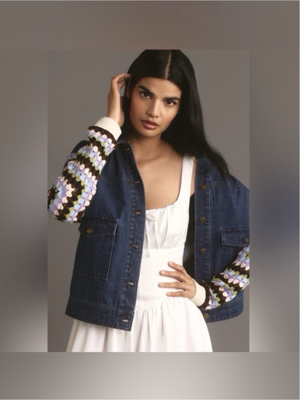 Anthropologie Dark Blue Denim Jacket with Multicolor Crochet Sleeves